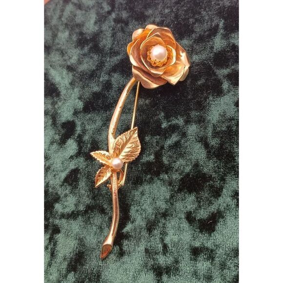 Vintage MCM Estate Long Stemmed Gold Tone Rose Pearl Brooch Pin - Picture 2 of 4